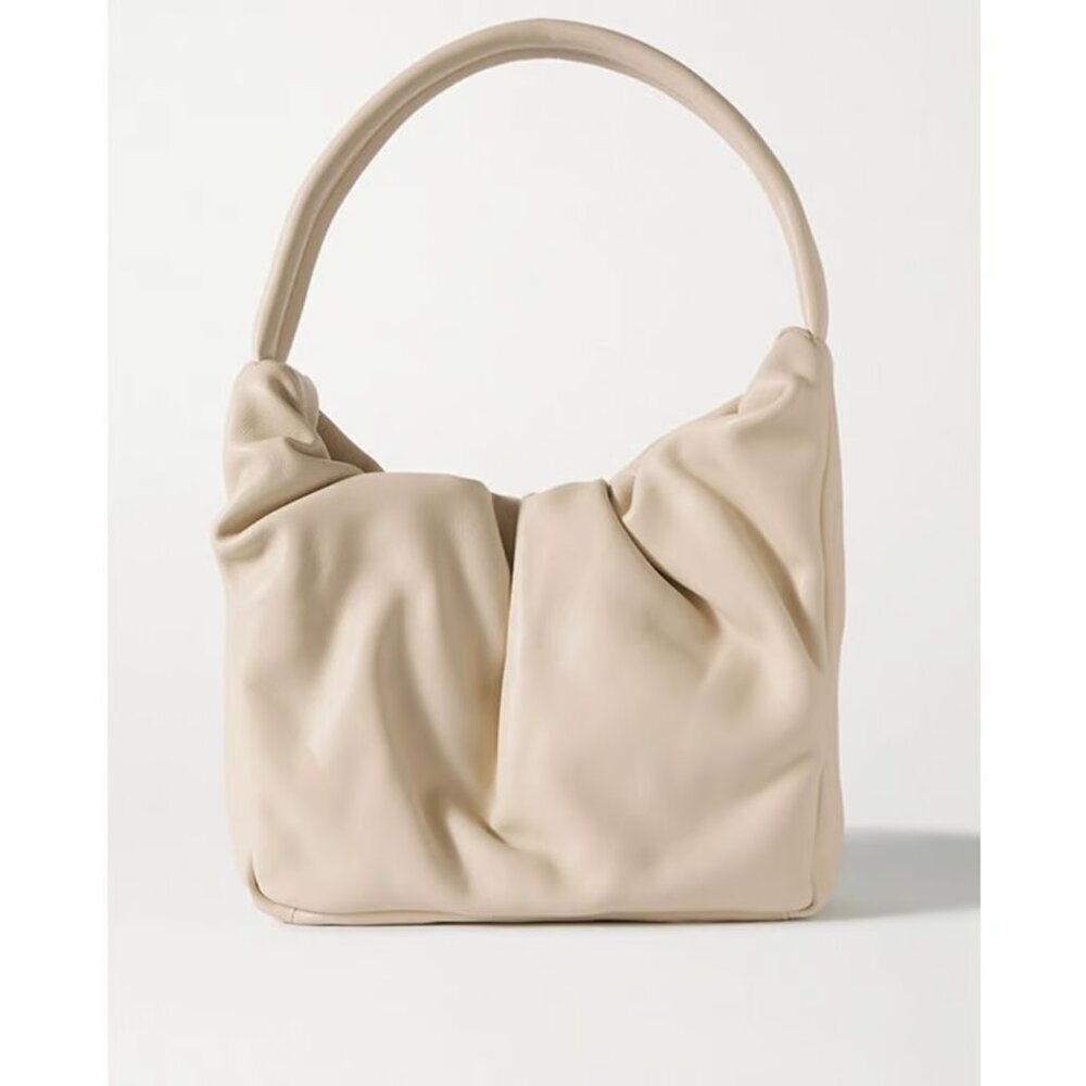 STAUD Felix Ruched Leather Bag in Cream NWT